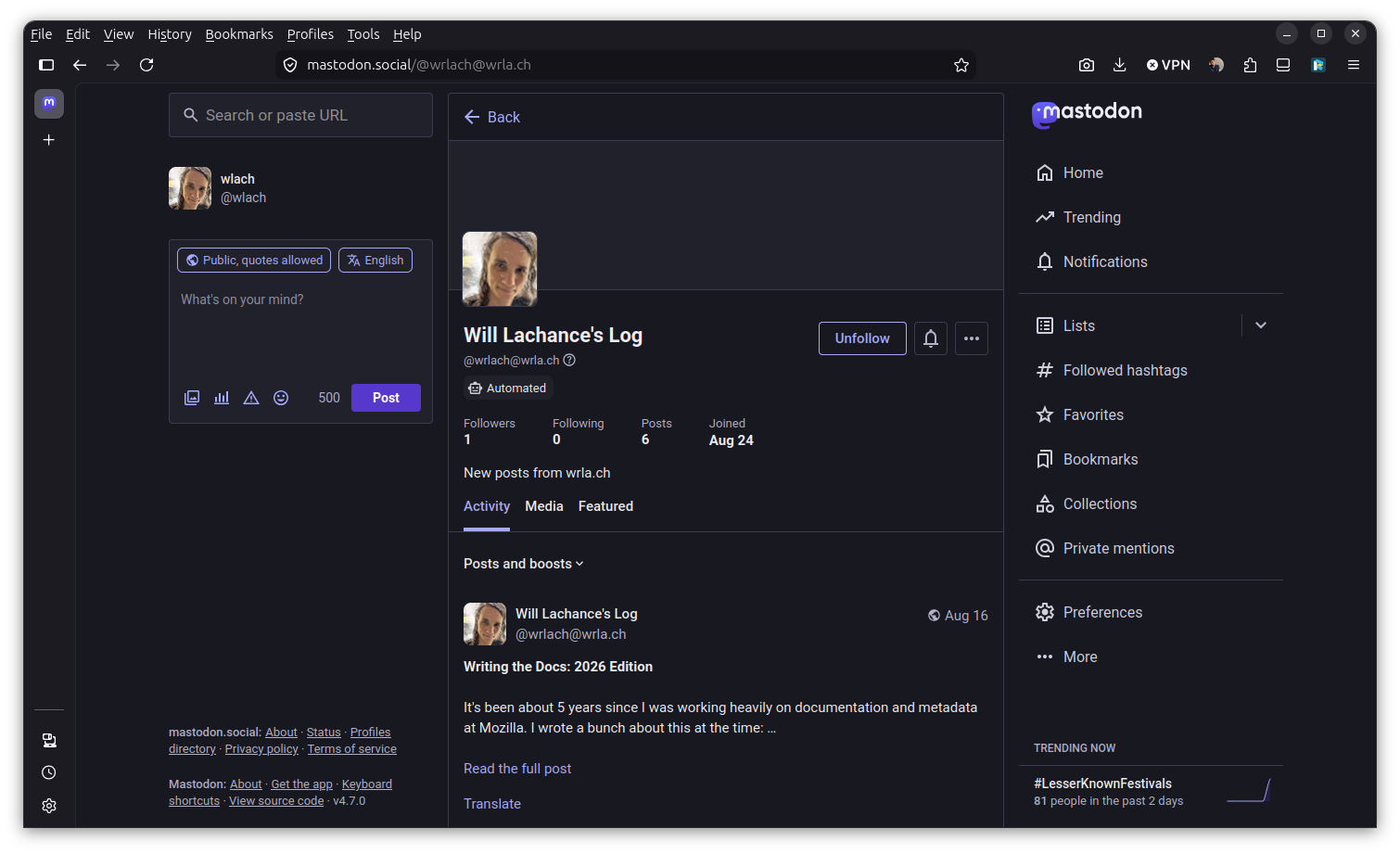 Mastodon Screenshot with wrla.ch account